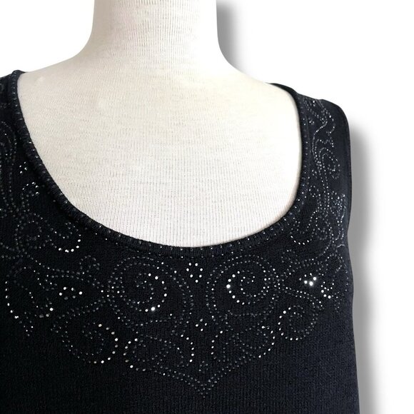 St John Womens Shell Top Sz Medium Black Santana Knit Crystal Neckline Luxury - Picture 4 of 7